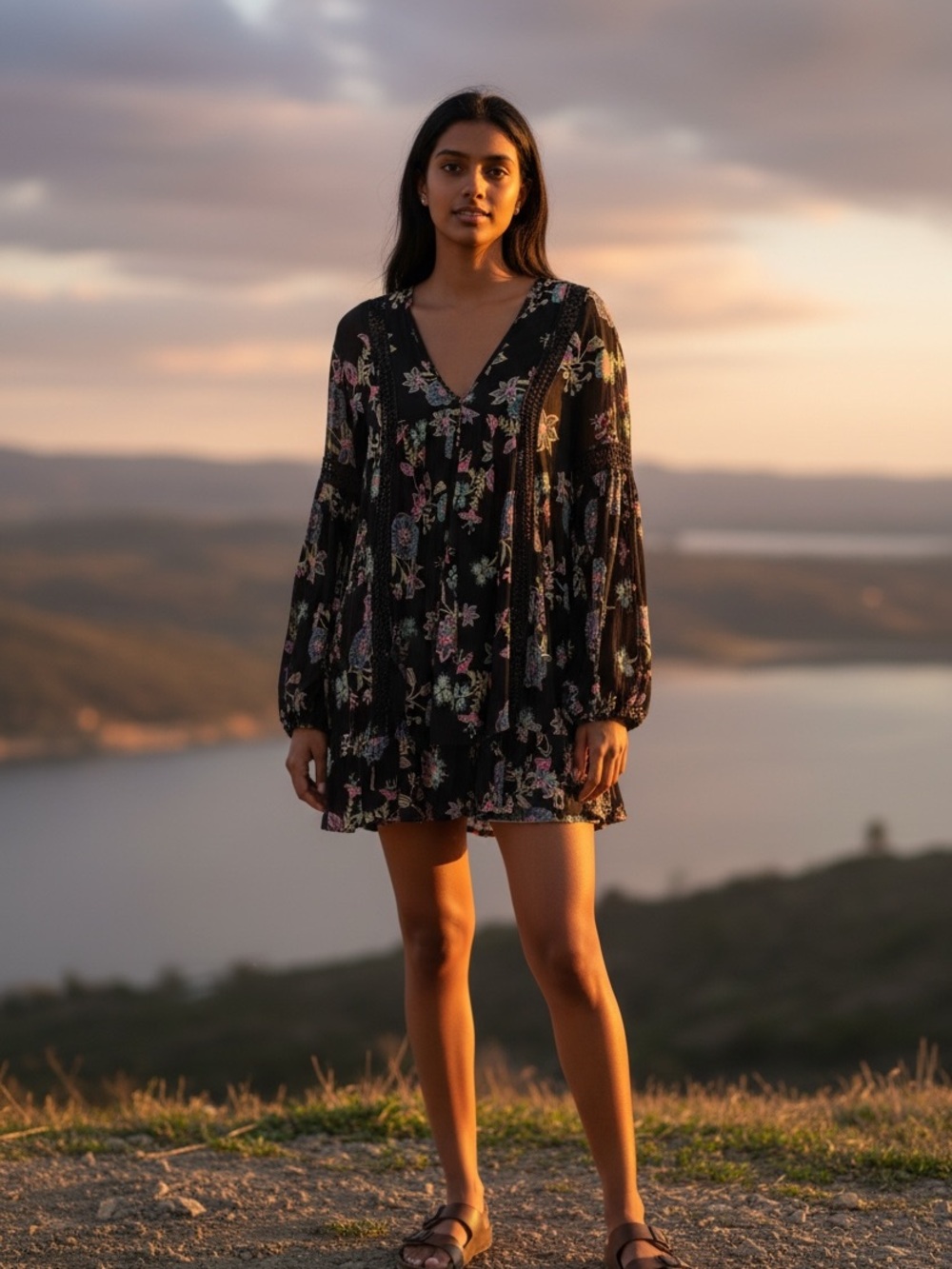 Free People Black Floral Peasant Dress with Pastel Accents
